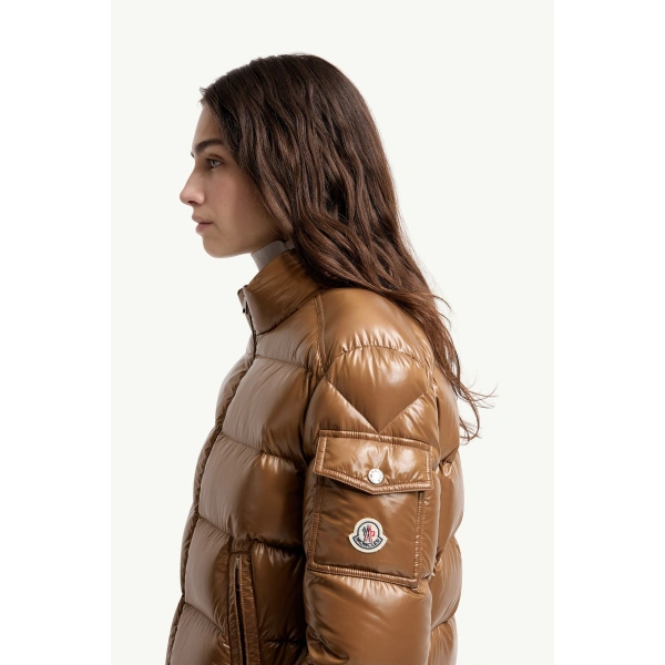 Moncler Hypolais Hooded Short Down Jacket in Brown, view 3 | Women's Puffer Jackets | Coveti