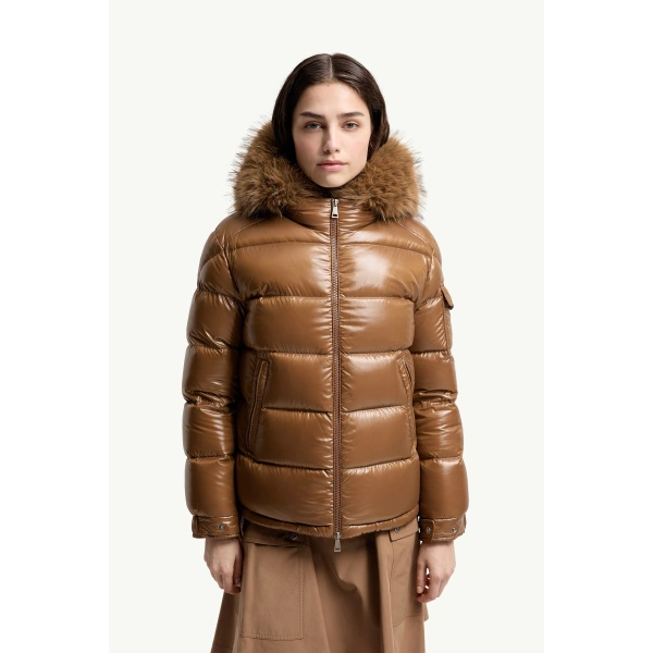 Moncler Hypolais Hooded Short Down Jacket in Brown, view 4 | Women's Puffer Jackets | Coveti