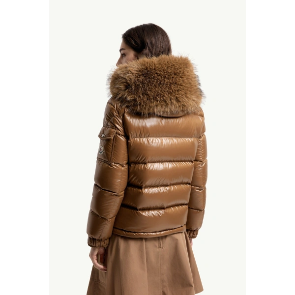 Moncler Hypolais Hooded Short Down Jacket in Brown, view 5 | Women's Puffer Jackets | Coveti