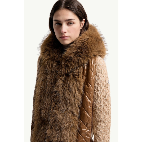 Moncler Hypolais Hooded Short Down Jacket in Brown, view 6 | Women's Puffer Jackets | Coveti