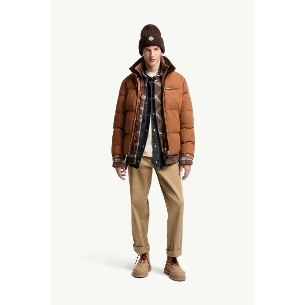Moncler Isenviel Cotton Poplin Short Down Jacket in Light Brown, view 2 | Men's Jackets | Coveti