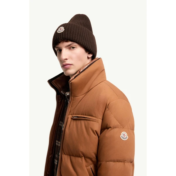 Moncler Isenviel Cotton Poplin Short Down Jacket in Light Brown, view 3 | Men's Jackets | Coveti