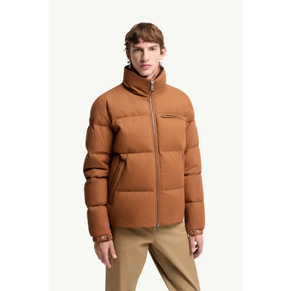 Moncler Isenviel Cotton Poplin Short Down Jacket in Light Brown, view 4 | Men's Jackets | Coveti