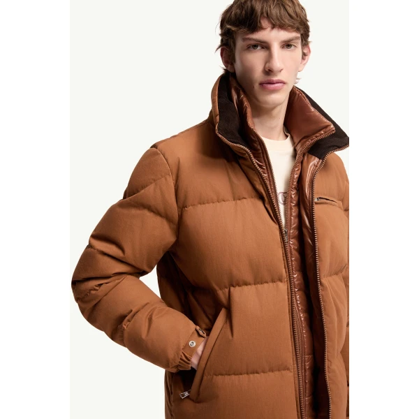 Moncler Isenviel Cotton Poplin Short Down Jacket in Light Brown, view 6 | Men's Jackets | Coveti