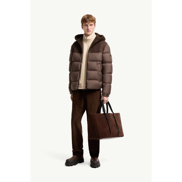Moncler Jalmar Hooded Short Down Jacket in Brown, view 2 | Men's Jackets | Coveti