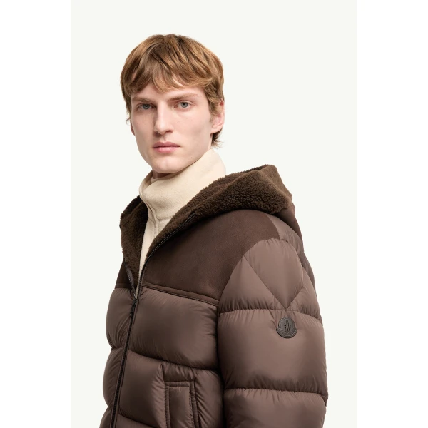 Moncler Jalmar Hooded Short Down Jacket in Brown, view 3 | Men's Jackets | Coveti