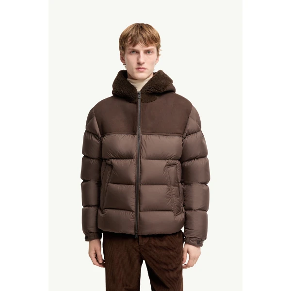 Moncler Jalmar Hooded Short Down Jacket in Brown, view 4 | Men's Jackets | Coveti
