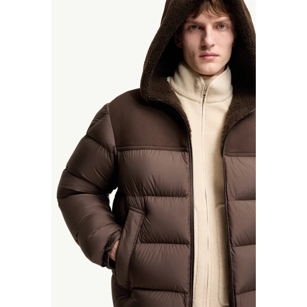 Moncler Jalmar Hooded Short Down Jacket in Brown, view 6 | Men's Jackets | Coveti
