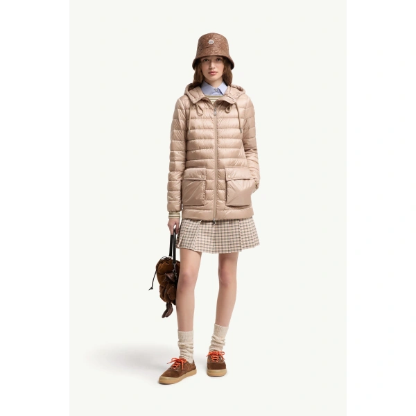 Moncler Jasmin Short Down Jacket in Light Beige, view 2 | Women's Puffer Jackets | Coveti