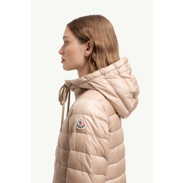 Moncler Jasmin Short Down Jacket in Light Beige, view 3 | Women's Puffer Jackets | Coveti