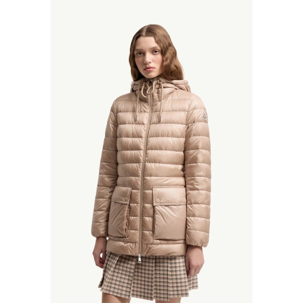 Moncler Jasmin Short Down Jacket in Light Beige, view 4 | Women's Puffer Jackets | Coveti