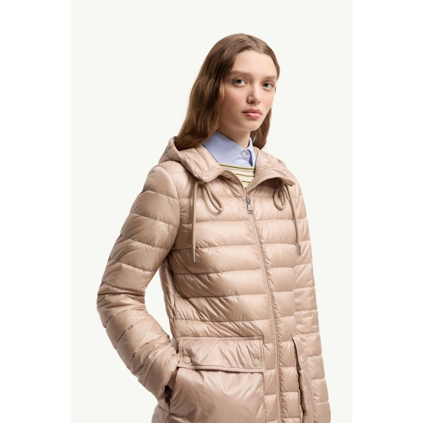 Moncler Jasmin Short Down Jacket in Light Beige, view 6 | Women's Puffer Jackets | Coveti
