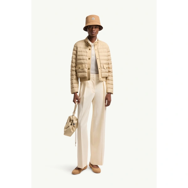Moncler Juju Cotton & Linen-Trimmed Short Down Jacket in Beige, view 2 | Women's Puffer Jackets | Coveti