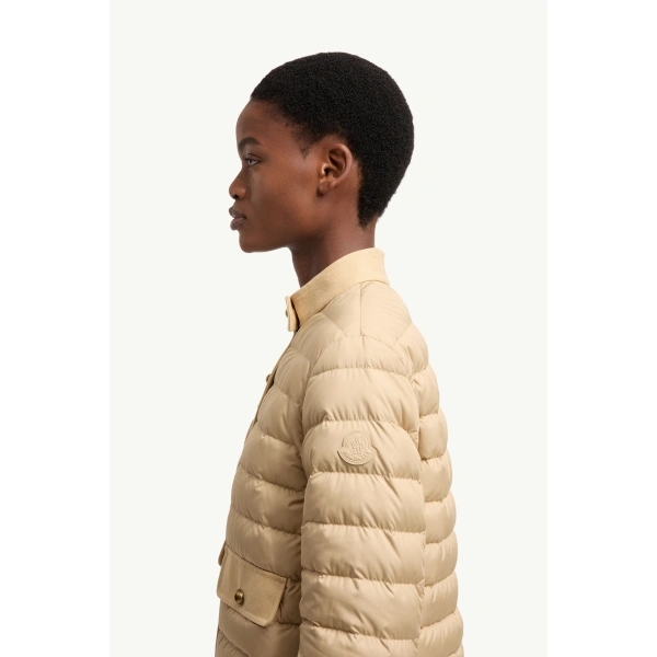 Moncler Juju Cotton & Linen-Trimmed Short Down Jacket in Beige, view 3 | Women's Puffer Jackets | Coveti