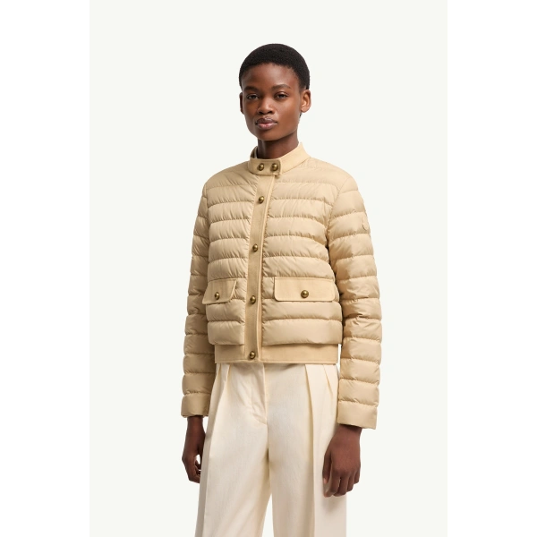 Moncler Juju Cotton & Linen-Trimmed Short Down Jacket in Beige, view 4 | Women's Puffer Jackets | Coveti