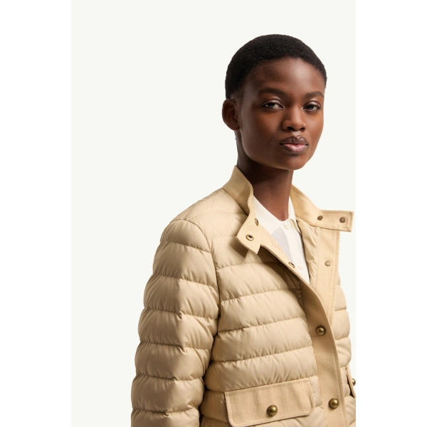 Moncler Juju Cotton & Linen-Trimmed Short Down Jacket in Beige, view 6 | Women's Puffer Jackets | Coveti