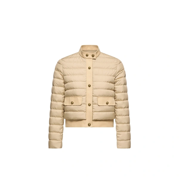 Moncler Juju Cotton & Linen-Trimmed Short Down Jacket in Beige | Women's Puffer Jackets | Coveti
