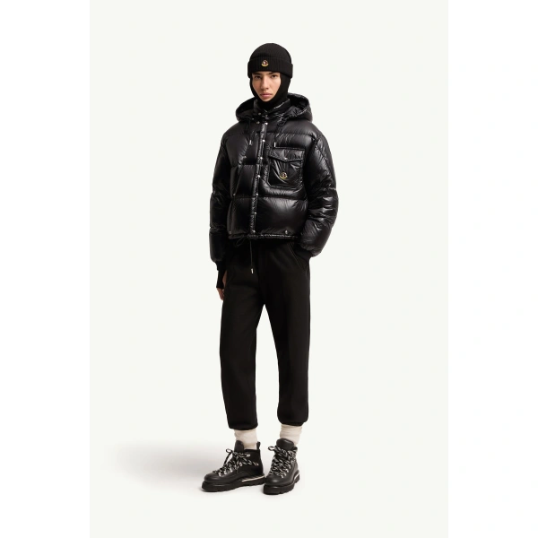 Moncler Karakorum Hooded Short Down Jacket in Black, view 2 | Women's Puffer Jackets | Coveti