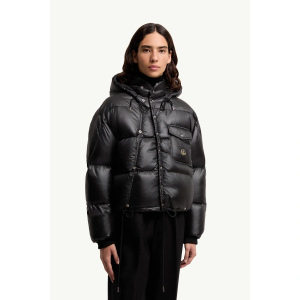 Moncler Karakorum Hooded Short Down Jacket in Black, view 4 | Women's Puffer Jackets | Coveti