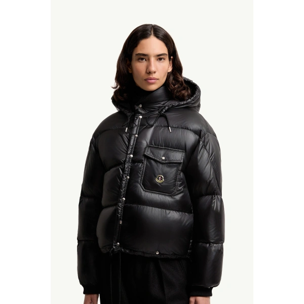 Moncler Karakorum Hooded Short Down Jacket in Black, view 6 | Women's Puffer Jackets | Coveti