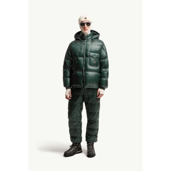 Moncler Karakorum Hooded Short Down Jacket in Dark Green, view 2 | Men's Jackets | Coveti