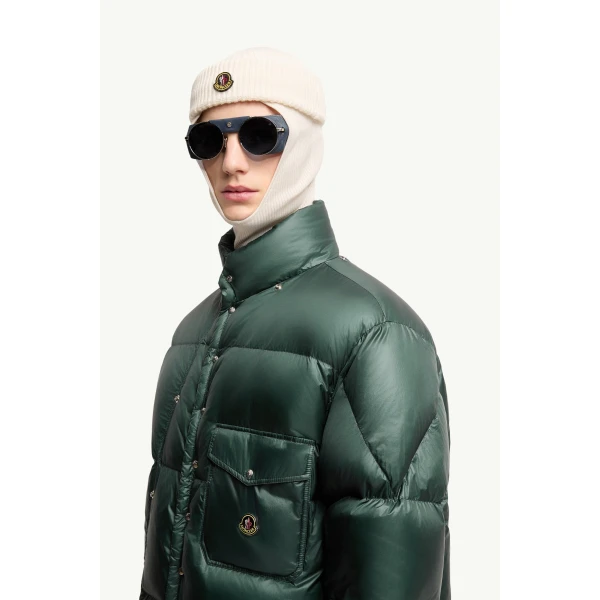 Moncler Karakorum Hooded Short Down Jacket in Dark Green, view 3 | Men's Jackets | Coveti