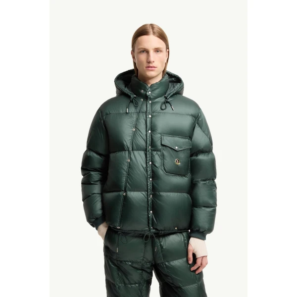 Moncler Karakorum Hooded Short Down Jacket in Dark Green, view 4 | Men's Jackets | Coveti