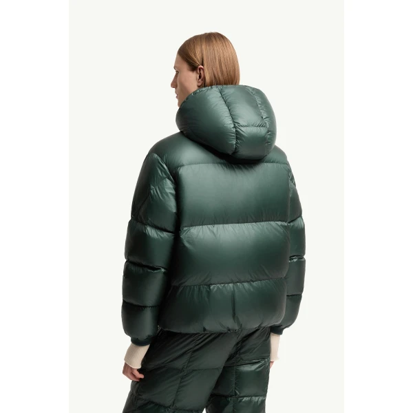 Moncler Karakorum Hooded Short Down Jacket in Dark Green, view 5 | Men's Jackets | Coveti
