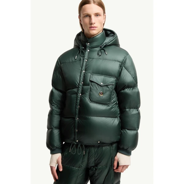 Moncler Karakorum Hooded Short Down Jacket in Dark Green, view 6 | Men's Jackets | Coveti