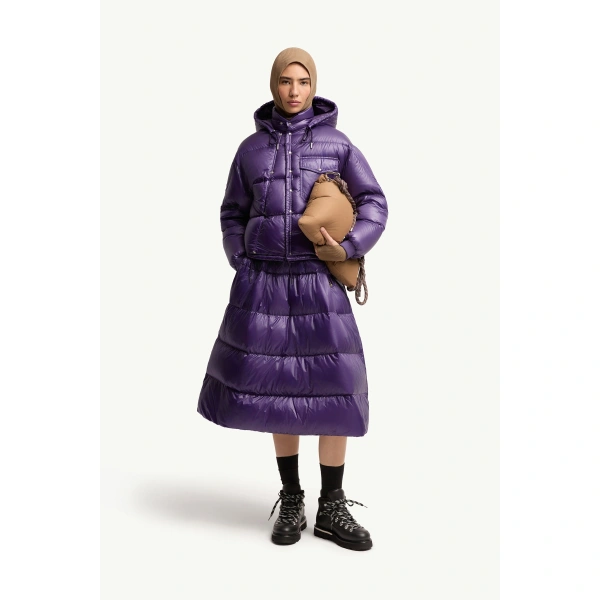 Moncler Karakorum Hooded Short Down Jacket in Purple, view 2 | Women's Puffer Jackets | Coveti