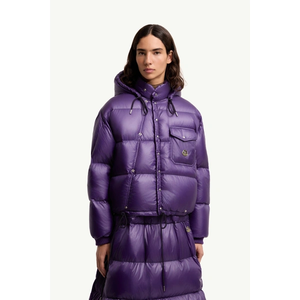Moncler Karakorum Hooded Short Down Jacket in Purple, view 4 | Women's Puffer Jackets | Coveti