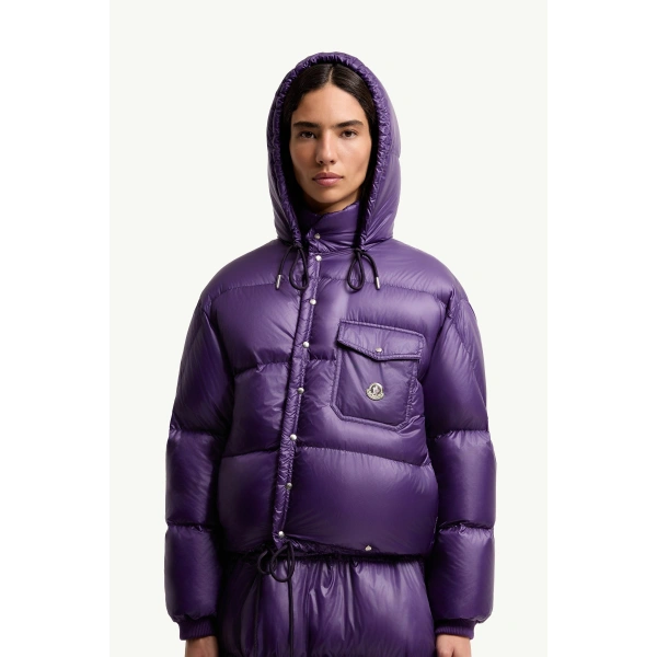 Moncler Karakorum Hooded Short Down Jacket in Purple, view 6 | Women's Puffer Jackets | Coveti
