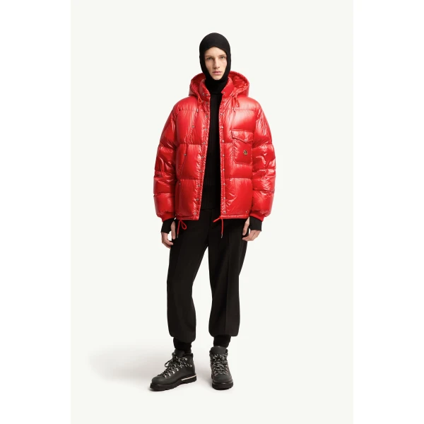 Moncler Karakorum Hooded Short Down Jacket in Red, view 2 | Men's Jackets | Coveti