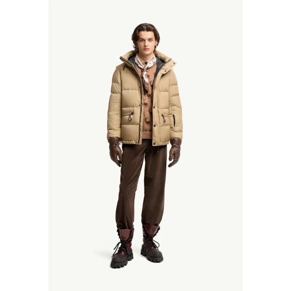 Moncler Kasanka Hooded Insulated Ski Jacket in Beige, view 2 | Men's Skiwear | Coveti