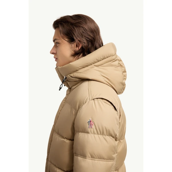 Moncler Kasanka Hooded Insulated Ski Jacket in Beige, view 3 | Men's Skiwear | Coveti