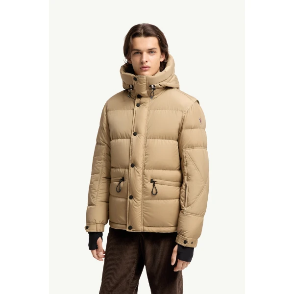 Moncler Kasanka Hooded Insulated Ski Jacket in Beige, view 4 | Men's Skiwear | Coveti