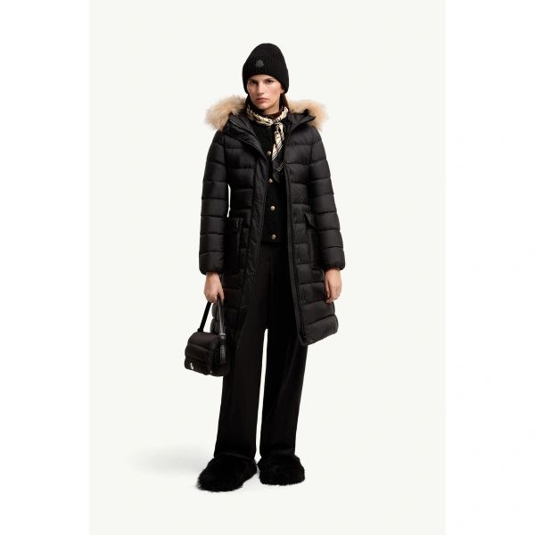 Moncler Khloesse Shearling-Trimmed Hooded Long Down Jacket in Black & Beige, view 2 | Women's Puffer and Down Coats | Coveti