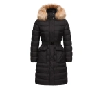 Moncler Khloesse Shearling-Trimmed Hooded Long Down Jacket in Black & Beige | Women's Puffer and Down Coats | Coveti