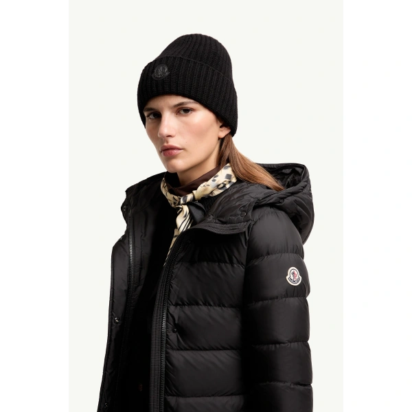 Moncler Khloesse Shearling-Trimmed Hooded Long Down Jacket in Black & Beige, view 3 | Women's Puffer and Down Coats | Coveti