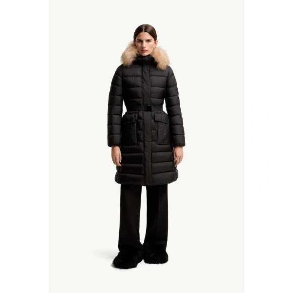 Moncler Khloesse Shearling-Trimmed Hooded Long Down Jacket in Black & Beige, view 4 | Women's Puffer and Down Coats | Coveti