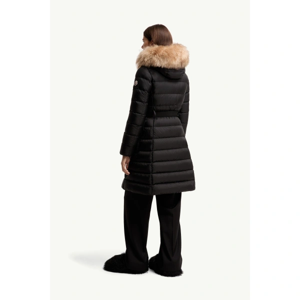 Moncler Khloesse Shearling-Trimmed Hooded Long Down Jacket in Black & Beige, view 5 | Women's Puffer and Down Coats | Coveti