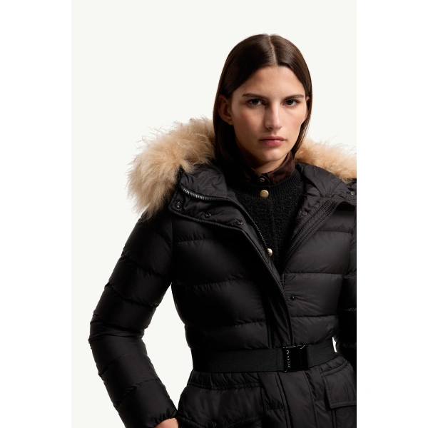 Moncler Khloesse Shearling-Trimmed Hooded Long Down Jacket in Black & Beige, view 6 | Women's Puffer and Down Coats | Coveti
