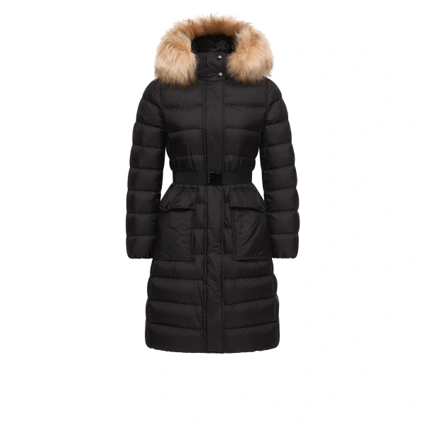 Khloesse Shearling-Trimmed Hooded Long Down Jacket in Black & Beige