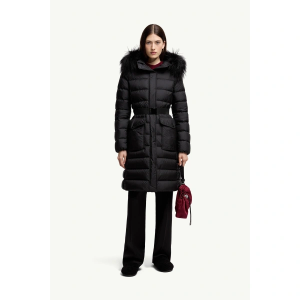 Moncler Khloesse Shearling-Trimmed Hooded Long Down Jacket in Black, view 2 | Women's Puffer and Down Coats | Coveti