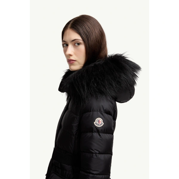 Moncler Khloesse Shearling-Trimmed Hooded Long Down Jacket in Black, view 3 | Women's Puffer and Down Coats | Coveti