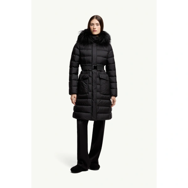 Moncler Khloesse Shearling-Trimmed Hooded Long Down Jacket in Black, view 4 | Women's Puffer and Down Coats | Coveti