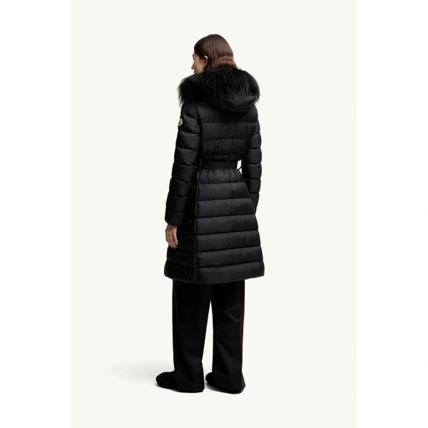 Moncler Khloesse Shearling-Trimmed Hooded Long Down Jacket in Black, view 5 | Women's Puffer and Down Coats | Coveti