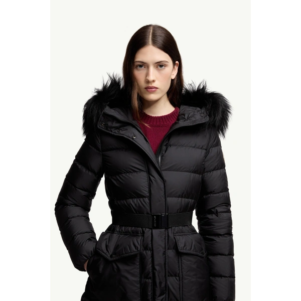 Moncler Khloesse Shearling-Trimmed Hooded Long Down Jacket in Black, view 6 | Women's Puffer and Down Coats | Coveti