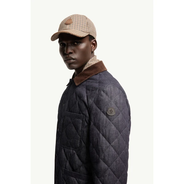 Moncler Kryen Diamond Quilted Denim Down Shirt Jacket in Dark Blue, view 3 | Men's Jackets | Coveti