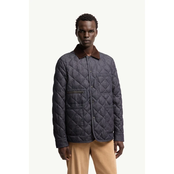 Moncler Kryen Diamond Quilted Denim Down Shirt Jacket in Dark Blue, view 4 | Men's Jackets | Coveti